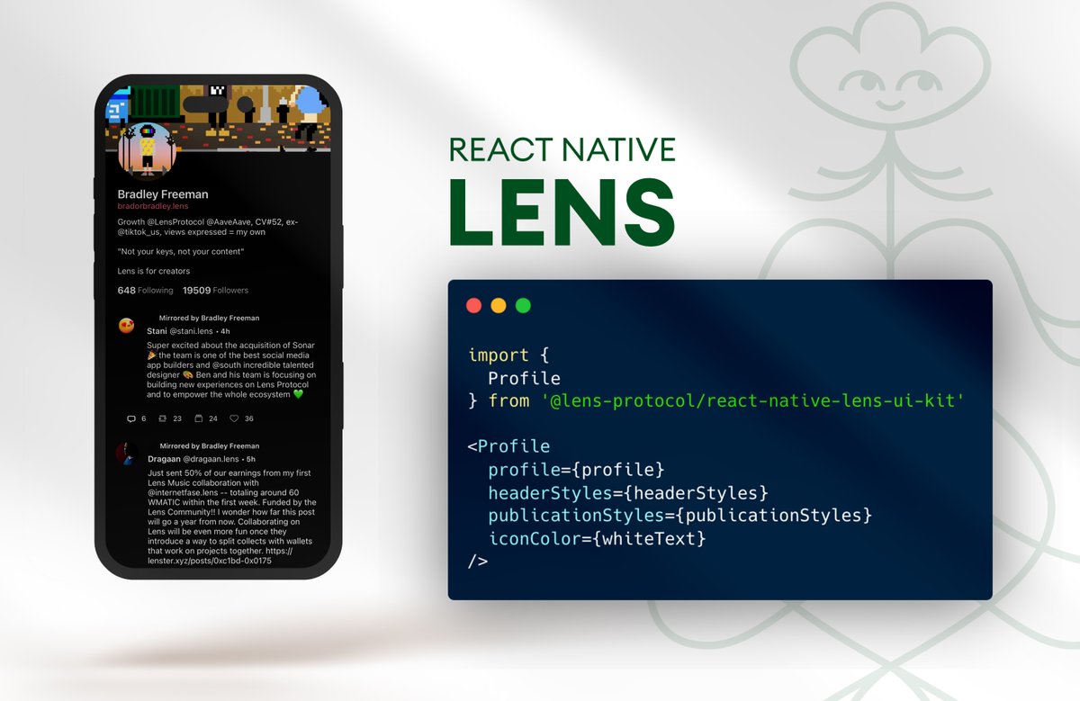 dabit3's tweet image. Today I'm excited to announce the release of React Native Lens UI Kit 🚀🌿
Get started building mobile apps with social features in as little as 2 lines of code 🤯
Check it out and give it a star here 🌟🌟🌟
github.com/lens-protocol/…
Here's why we decided to build this 👇