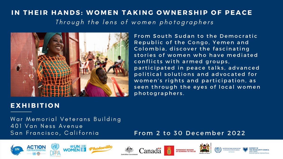 Are you in #SanFrancisco 🌉? From the frontlines to decision-making tables, discover the inspiring stories of women peacebuilders & activists who work to make women's voices heard in conflict and post-conflict settings in the #InTheirHands 📸exhibition. #WomenPeaceSecurity