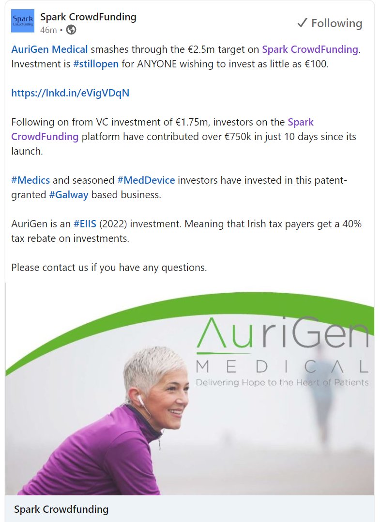 AuriGen Medical (@aurigenmedical) on Twitter photo AuriGen Medical smashes through the €2.5m target on Spark CrowdFunding. This investment is still open for ANYONE wishing to invest as little as €100. sparkcrowdfunding.com/campaign/aurig… AuriGen Medical smashes through the €2.5m target on Spark CrowdFunding. This investment is still open for ANYONE wishing to invest as little as €100. sparkcrowdfunding.com/campaign/aurig…