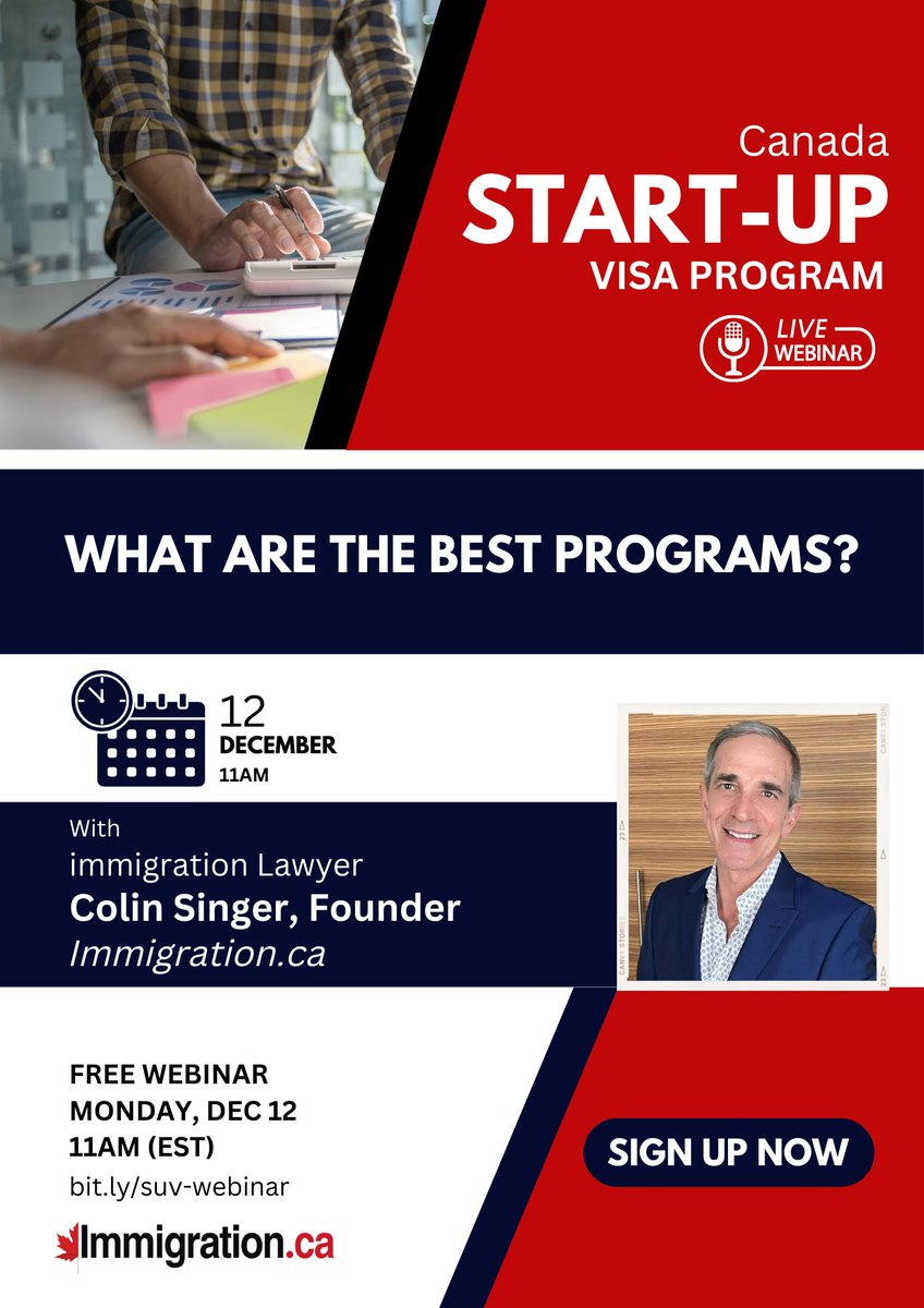 EXCLUSIVE: Canada Start-Up Visa Webinar! 

What are the best Start-Up Visa programs available today? 

Get the FREE limited tickets at: bit.ly/suv-webinar

Monday, Dec 12, 11 AM (EST)

#canada #immigration #suv #startup #visa #startupvisa #entreprenuer #immigrationca