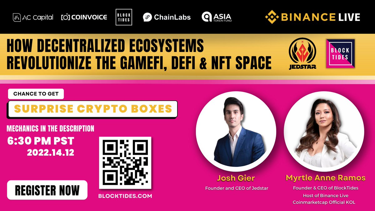 blocktides's tweet photo. 🎙 Can't get enough of Block Tides' Live Series on @binance Live? Well, we've got another one for you! 🤩

🗣 Join our CEO and Founder, @myrtleology, with our special guest Josh Gier, CEO and Founder of @JEDSTAROfficial. ✨

More 🔽 https://t.co/4lhowq5NHz