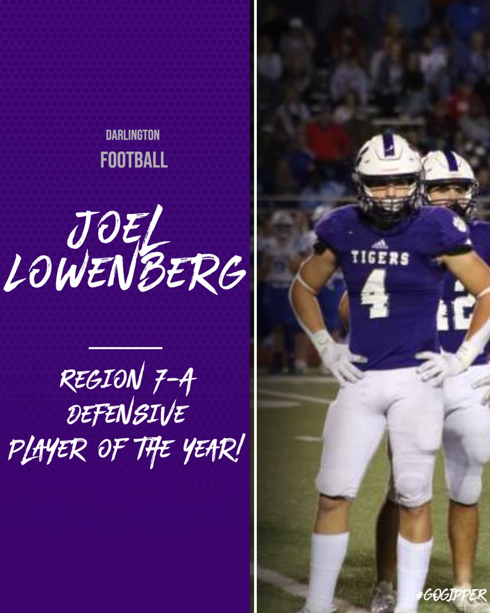 CoachTommyAtha's tweet photo. Congratulations to Darlington Tiger Joel Lowenberg on being selected Region 7-A Defensive Player of the Year! Tremendous honor - especially for a sophomore!  The Tigers are proud of you! https://t.co/3khbrGJFGM