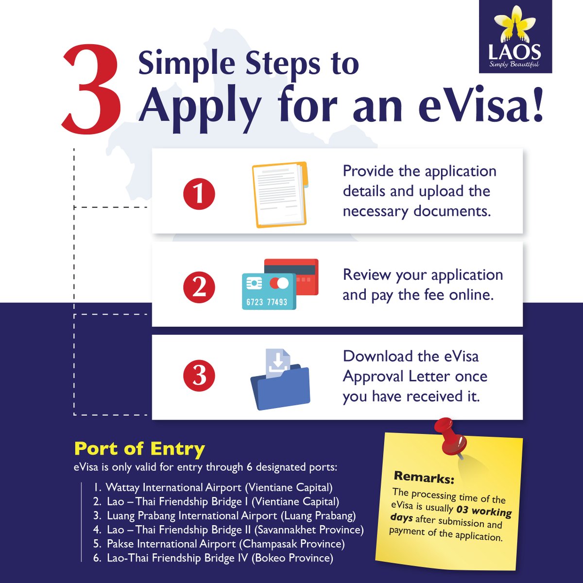 laostourism's tweet photo. 3 simple steps to apply for an eVisa!
Get your e-visa here: https://t.co/VyRCYFjBJ3
#laossimplybeautiful #unseenlaos #visitsoutheastasia #ລາວທ່ຽວລາວ #travel #laos #explorelaos #aesthetics https://t.co/ofxjxE5NSQ