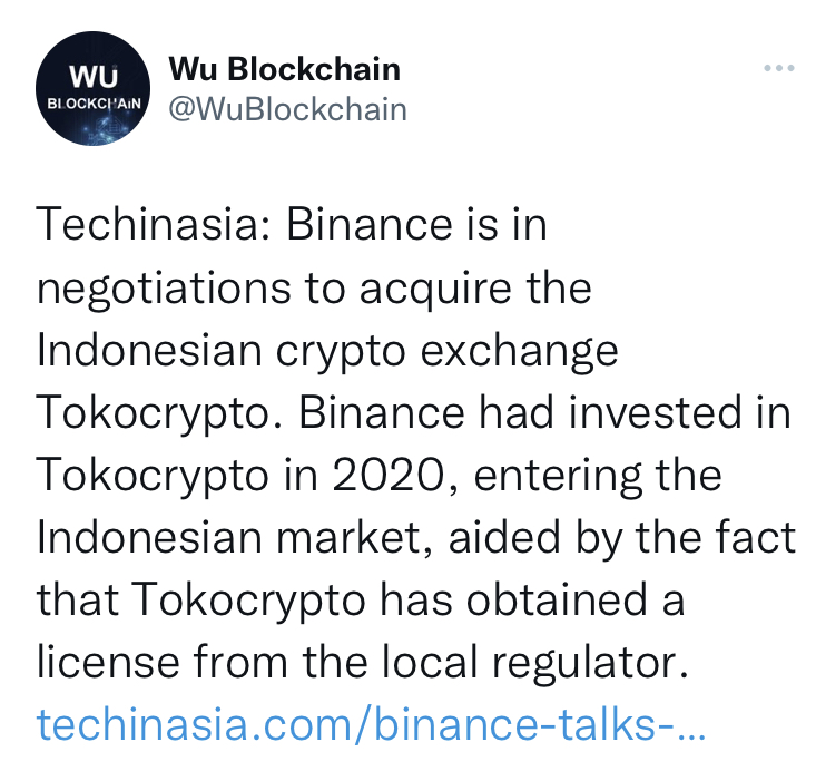 .<a href="/binance/">Binance</a> is in negotiations to acquire the Indonesian crypto exchange Tokocrypto.

x.com/wublockchain/s…