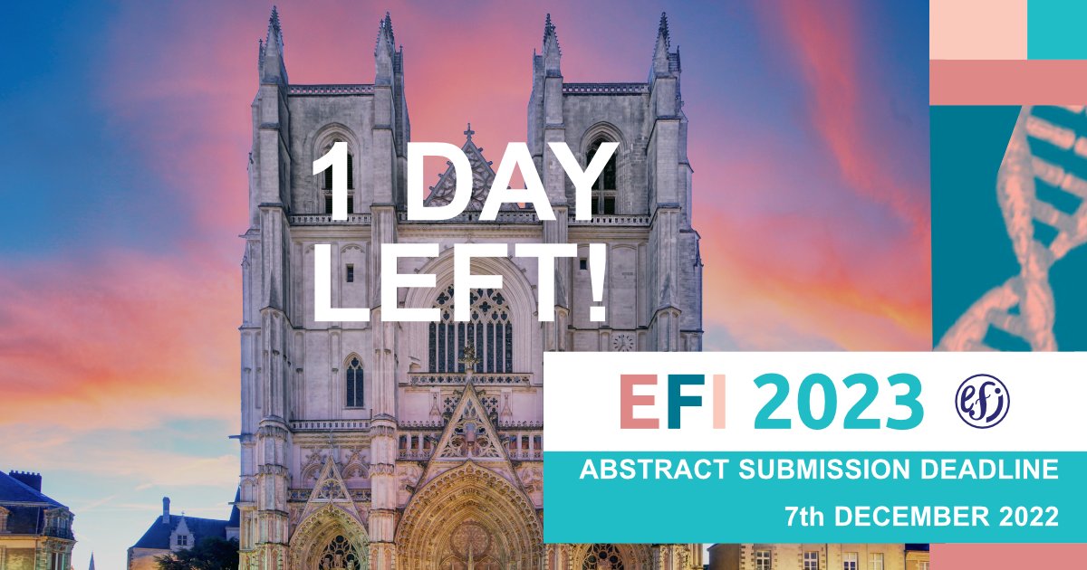 One day left! Call for abstracts! Meet Inspiring speakers and experts in Nantes! Grab the opportunity to be part of #EFI2023 Conference |Big Data In Immunogenetics At The Crossroad Of Care, Tools, And Research| Looking forward to your abstracts! Submit at: shorturl.at/xAHP0