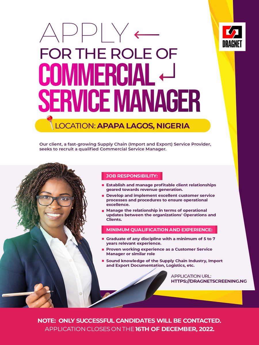 DragnetNigeria's tweet photo. WE ARE HIRING!!

Our client, a fast growing Supply Chain Service Provider seeks to recruit a qualified Commercial Service Manager.

Kindly Retweet... Someone in your network might need this.
.
.
.
#dragnetjobs #recruitment #hiring #commercialservicemanager #dragnet https://t.co/32Iw1U7Wi5