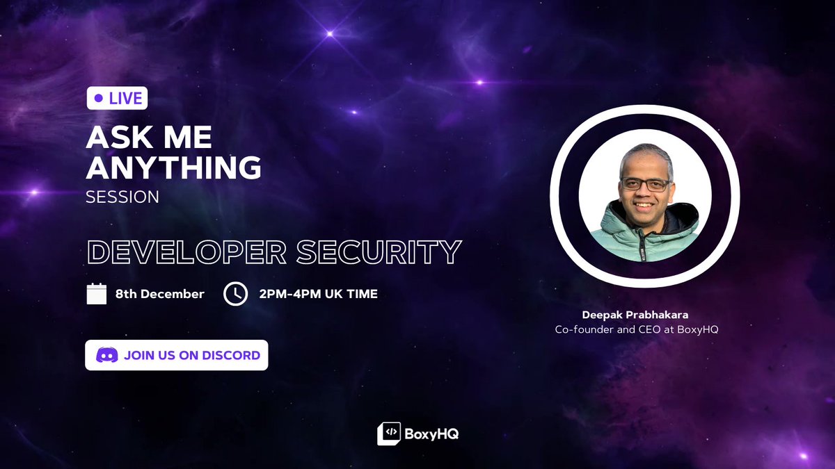 boxyhq's tweet image. Just a quick, friendly reminder about tomorrow’s AMA session with @deepakprab
Join us here: discord.gg/tmpgsY8H?event…
And don’t be shy to ask anything you want to know about developer security 😎
#DevSecOps #DeveloperSecurity #developers