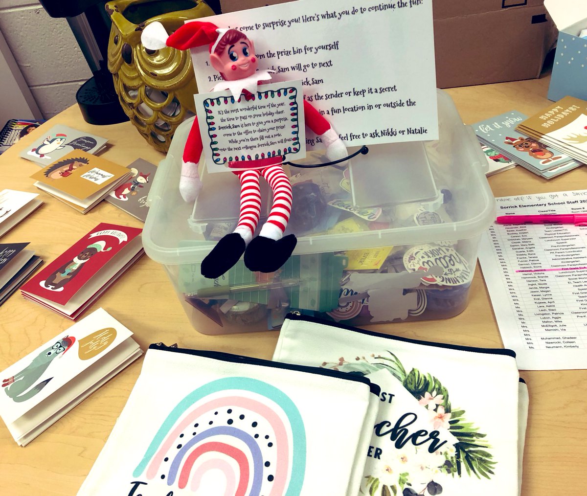 Sorrick Sam is on the run, looking to kickoff some holiday fun!! If you see him send him on his way, to bring laughs and joy to a colleague’s day!!#SK12Days <a href="/njprofita/">Natalie Profita</a> <a href="/SorrickNPD117/">Sorrick Elementary</a>