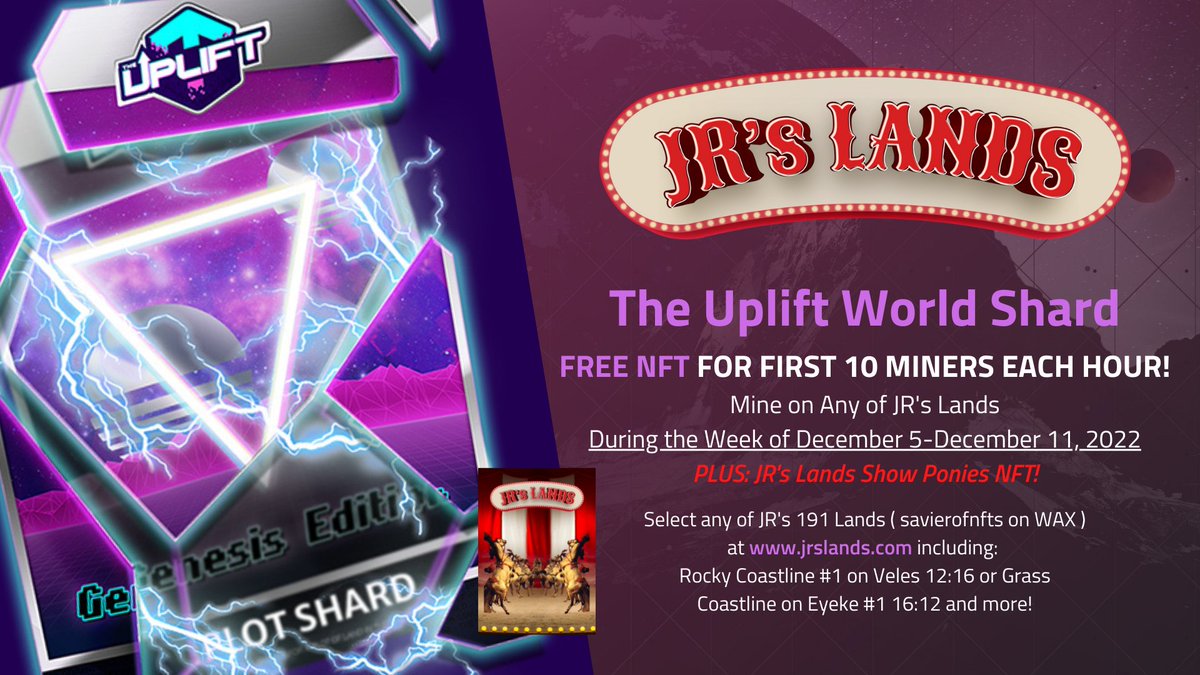 This week, the first miners each hour on JR's Lands get an Uplift World shard! Mine at play.alienworlds.io on one of @jrslands <a href="/theupliftworld/">TheUplift</a> <a href="/AlienWorlds/">Alien Worlds Official</a>