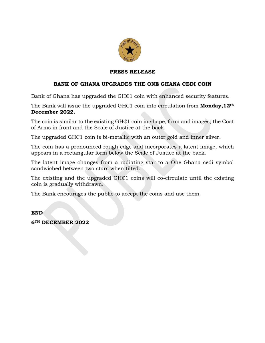 thebankofghana's tweet photo. Press Release - Bank of Ghana Upgrades the One Ghana Cedi Coin https://t.co/WrbNBmwA3D