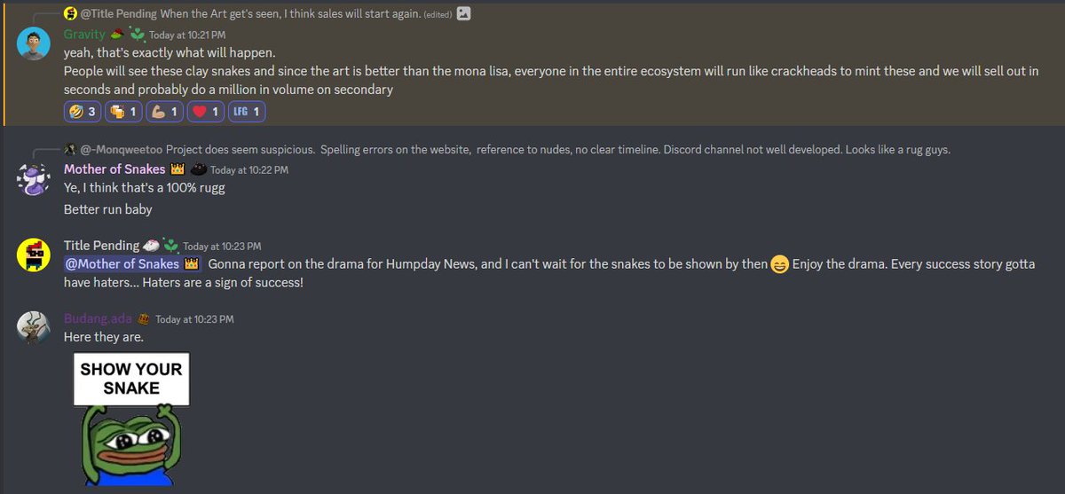 TitlePendnGames's tweet photo. #FreakySnakes #Rugpull. 😅
Look at that idiot Title Pending still having faith in the project's discord. What a fool? Am I right @TitoTetty https://t.co/POSBZSCIzt