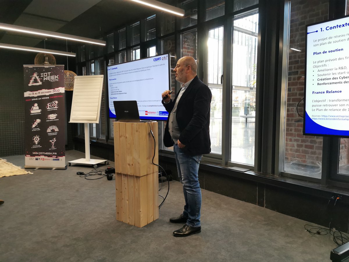 ChanPerco's tweet photo. Chekib Gharbi présente le projet de réseau régional du #CSIRT.
Leur objectif est de transformer l'Ă©conomie en investissant dans les domaines les plus porteurs autour de 3ïžâŁ prioritĂ©s :
â»ïž L'ecologie
đȘ La compĂ©titivitĂ©
đ€ Le cohĂ©sion
#iotweek #iotweekhdf https://t.co/faG4L07jFr