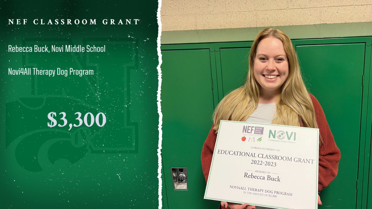 The <a href="/NoviEdFound/">Novi Educational Foundation</a> awarded a $3,300 classroom grant to Rebecca Buck of <a href="/novi_ms/">Novi Middle School</a> for <a href="/Novi4ALL/">Shailee J. Patel, Ed.S</a> Therapy Dog Program. 
#NoviPride #NoviTogether