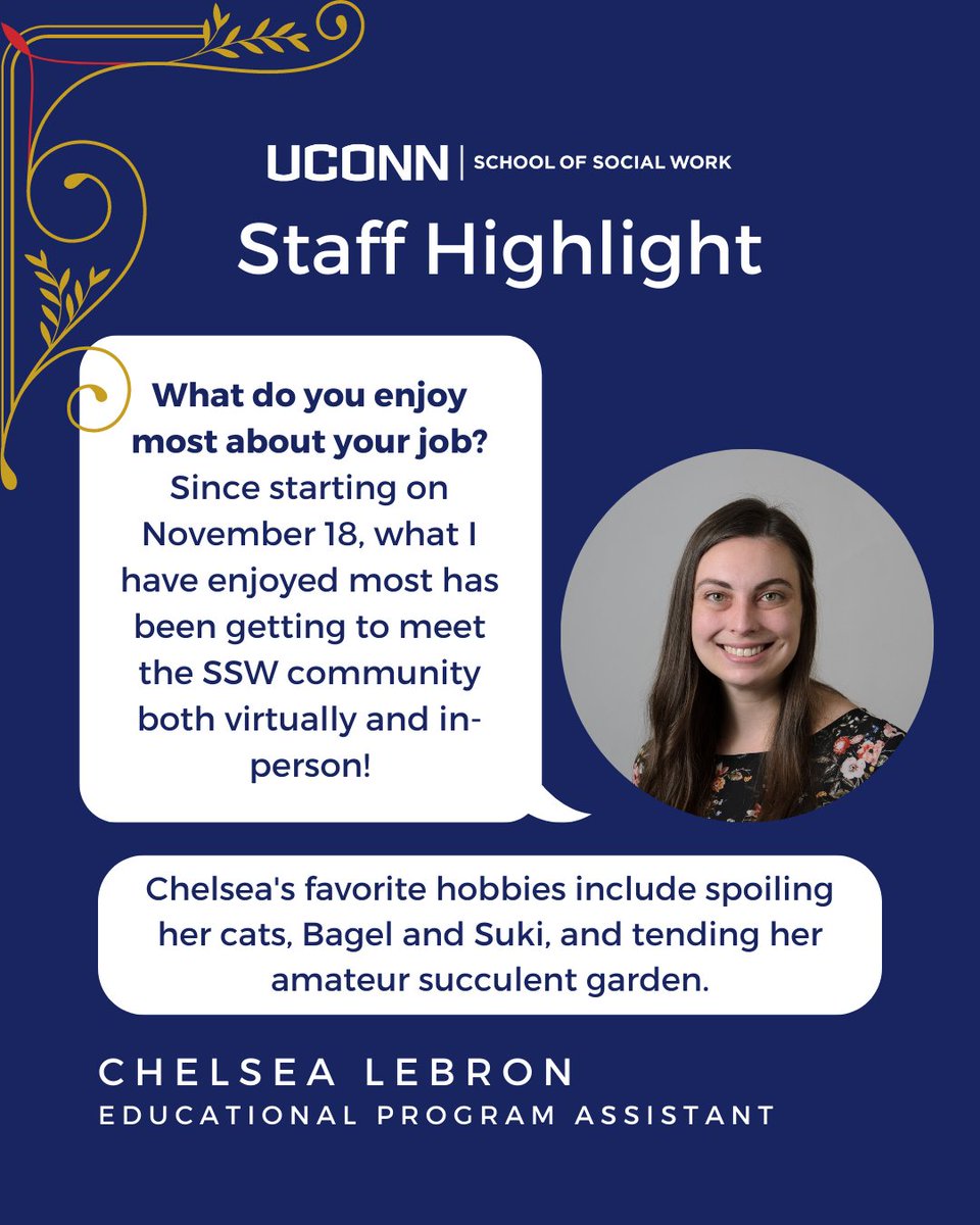 UConnSocialWork's tweet photo. At @UConnSocialWork, we deeply value our talented and dedicated staff! We continue our series of staff highlights to celebrate our team members. They tell us what they like about their jobs and favorite hobbies.
๐๐พ๐๐พ
#Righttimeforsocialwork https://t.co/KUrkUYtoQC