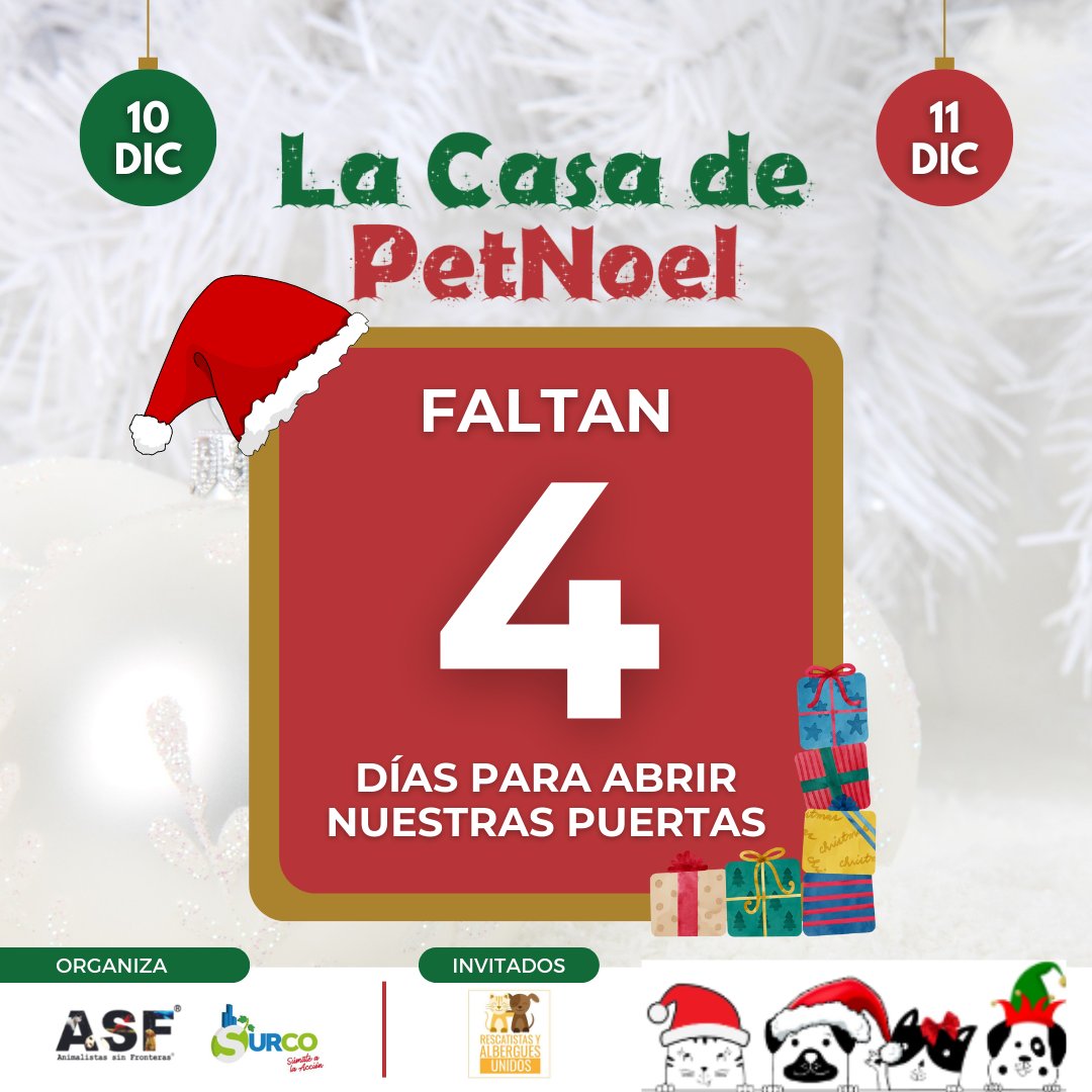 ASF_Prensa's tweet photo. ¡¡Faltan 4 días para abrir las puertas de #LaCasaDePetNoel!! 🐕🐶
¡¡Los esperamos!!

🗓️ Sábado 10 y Domingo 11 de diciembre 
🕒 10:00 a.m. - 08:00 p.m.
📍 Parque María Parado de Bellido (La Floresta) - Santiago de Surco
✅ Organizan: Animalistas Sin Fronteras y @munisurco1 https://t.co/1p3GkE4GZb