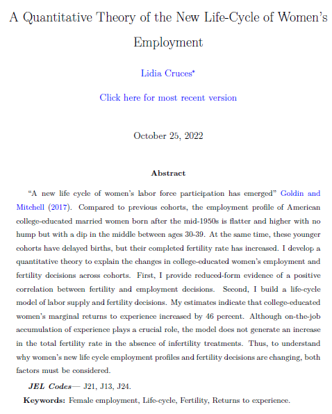 TimTkehoe's tweet photo. Lidia develops a heterogeneous-agent, life-cycle model of labor supply and fertility decisions that incorporates increasing returns to job tenure for women and new technologies like in vitro fertilization.

She identifies US women born 1958-78 as the one that made this shift. https://t.co/aqtdH943KH