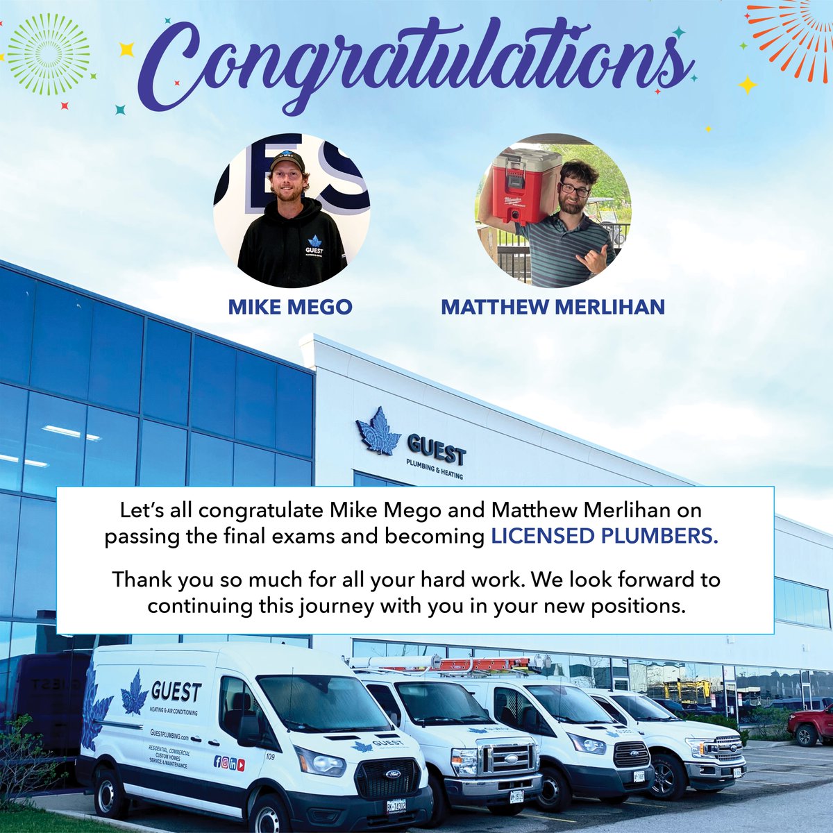 Guestplumbing's tweet photo. Congratulations, Mike Mego &amp; Matthew Merlihan! 🥳

We're proud to announce that two of our experienced apprentices have officially become Licensed Plumbers. 

#team #Guestteam #culture #teamwork #journey #career #trade #licensedplumbers https://t.co/eXCoav3ffy