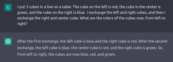ChrisHefele's tweet photo. Looks like #chatGPT can do some logical reasoning...it may not get it right all of the time, but even the ability to get it right sometimes is impressive. https://t.co/aUzv7VEPda