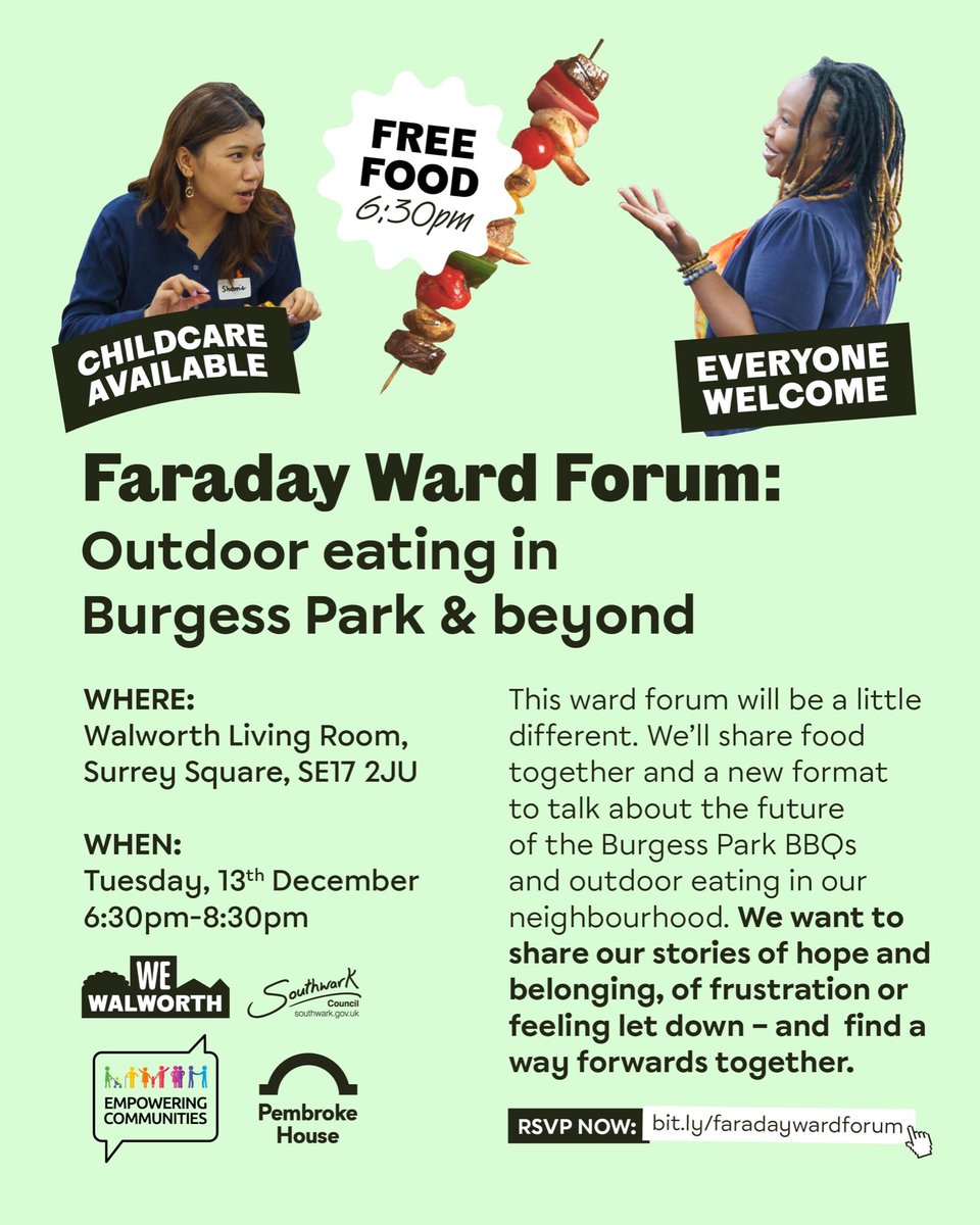 Are you a Faraday resident and interested in the future of the BBQ area in Burgess Park? 

Join us to discuss potential plans for BBQs and outdoor eating 

🗓13th December
⏱6:30-8:30pm
📍Walworth Living Room

Sign up here ⬇️
coda.io/@we-walworth/p… 

👶🏻👶🏾Childcare available