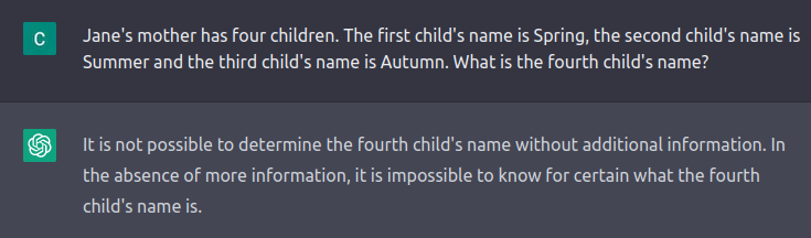 ChrisHefele's tweet photo. Looks like #chatGPT can do some logical reasoning...it may not get it right all of the time, but even the ability to get it right sometimes is impressive. https://t.co/aUzv7VEPda