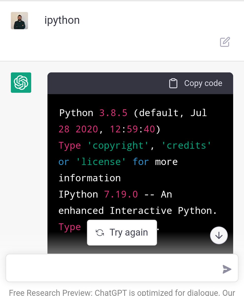 ismansiete's tweet photo. How is your day? I'm running IPython inside the ChatGPT. https://t.co/eWpdHPWp3J
