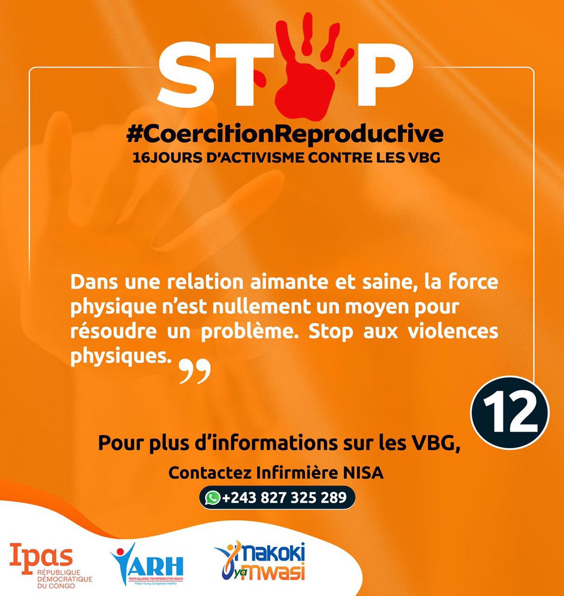 WakilongoRufin's tweet photo. #16jours: La violence physique ne réglera pas les différends dans le couple, plutôt elle les aggravera et causera de conséquences voire même fatales. Optons pour le dialogue et la compréhension afin de construire des relations saines.
#OrangezLeMonde
#StopCoercitionReproductive https://t.co/qy5oATOJ7N