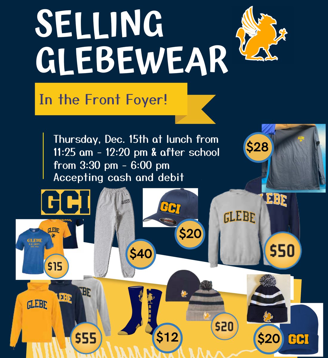 Glebewear high school merchandise is selling Thursday, December 15th after school from 3:30 pm - 6:00 pm in the front foyer of Glebe Collegiate Institute for parents to come in! We're accepting cash and debit. Make sure to come buy some Glebewear before it’s all gone!