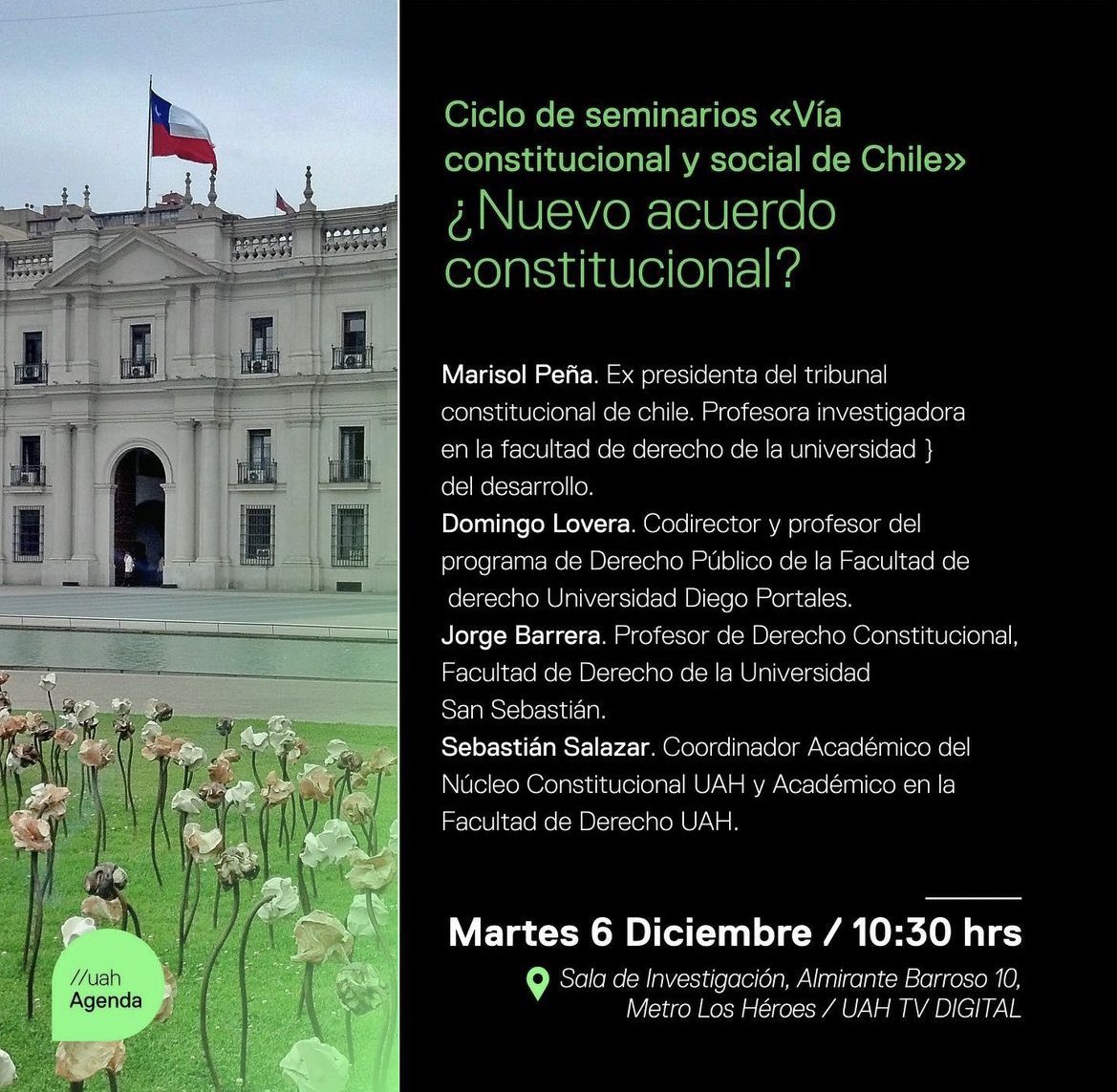 SEMINARIO//

Núcleo Constitucional de <a href="/derechouah/">Facultad de Derecho UAH</a> te invita a la 3° sesión del ciclo “Vía constitucional y social de Chile”. 

Tema de hoy: ¿Nuevo acuerdo constitucional?

#NúcleoConstitucionalUAH
#BienComúnUAH 

Conéctate 📲 bit.ly/3iKJhmc