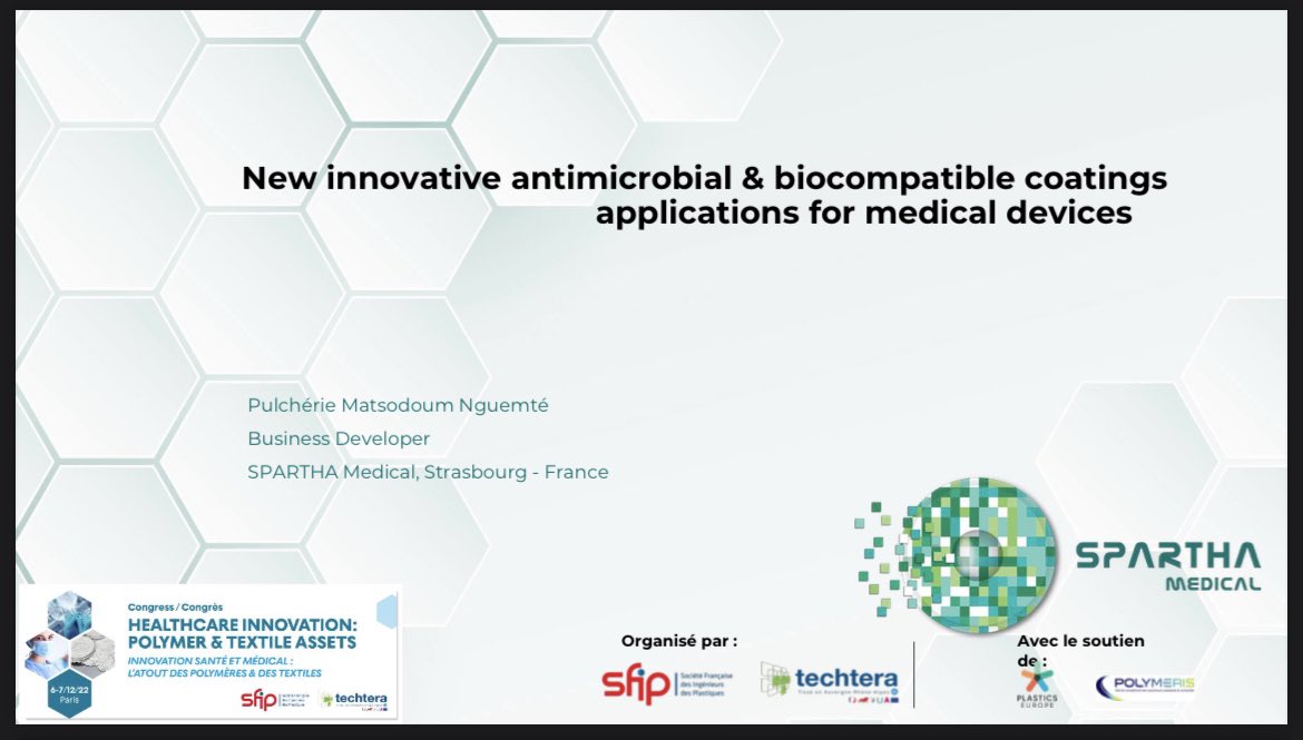 PulchraMee's tweet photo. @biofilmMan and myself are attending Healthcare innovation: Polymer &amp; Textiles Assets.
We started today with the session textiles &amp; materials where I presented @SparthaMedical technology (New innovative antimicrobial and biocompatible coatings applications for medical devices) https://t.co/WRAkrE89Gv