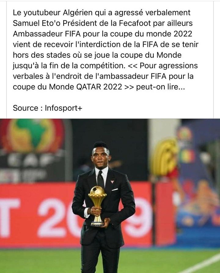 2015Jabi's tweet photo. affaire  bastonnade par @SamuelEtoo , la #FIFA donne raison au président de la @FecafootOfficie

la messe est dite. passons à autre chose. https://t.co/QvIxTsGWy5