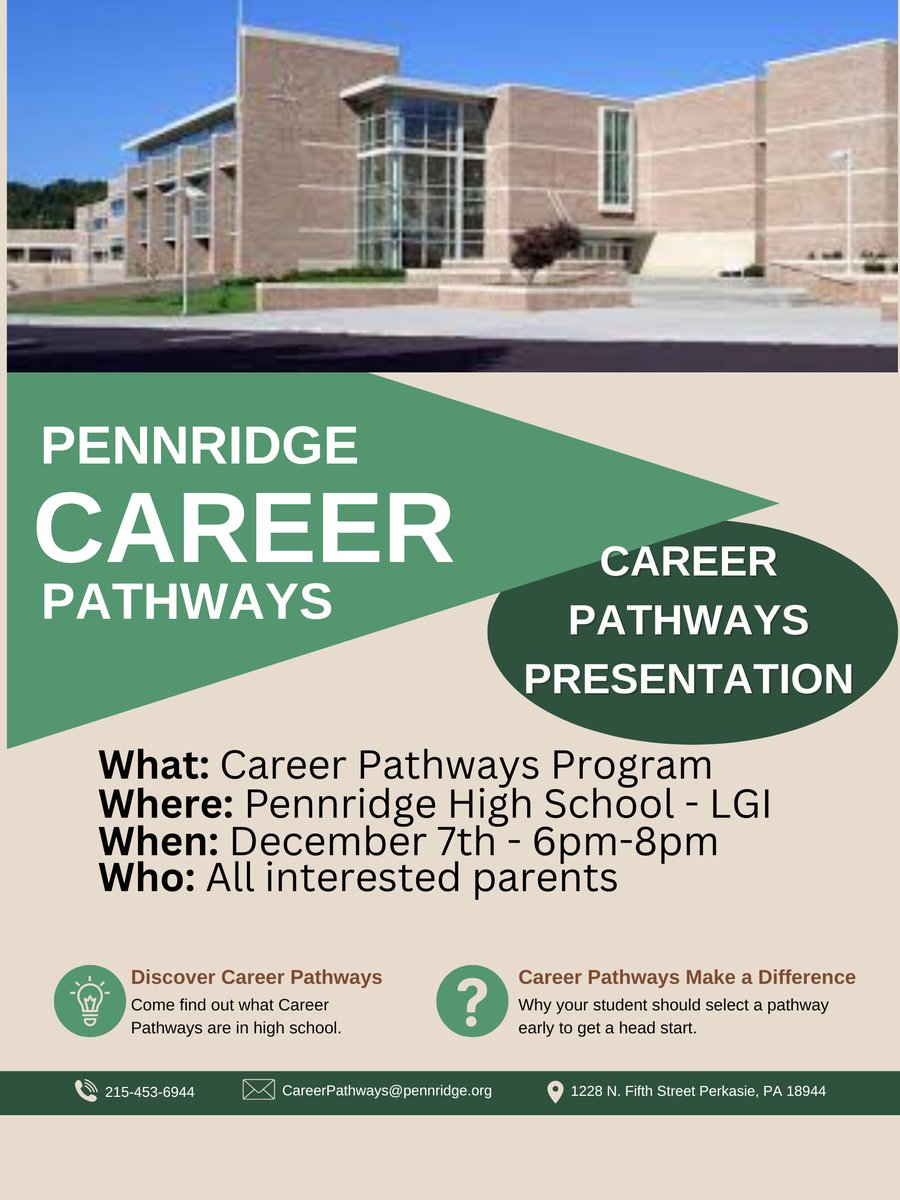 PennridgeSD's tweet photo. Want to help plan students' College and Career path?  Tomorrow night! @pennridgehs at 6pm! 
Career Pathways Program. All parents welcome! Learn more about the program, classes, careers, community partnerships, and so much more! 
@PSDCareerPaths
#pennridgepathways https://t.co/TJgWDwJffY