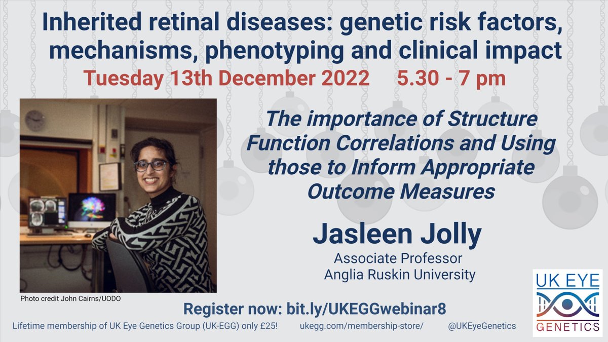 UKEyeGenetics's tweet photo. Don't miss our next webinar (13Dec, 5.30-7pm)! Dr Jasleen Jolly @AngliaRuskin will discuss structure function relationships in the #Retina, their impact on #VisualFunction measures in #InheritedRetinalDisease & why this is important #GeneTherapy. Sign up๐ https://t.co/ii5UxeUGRH https://t.co/oU6ziPNjwV