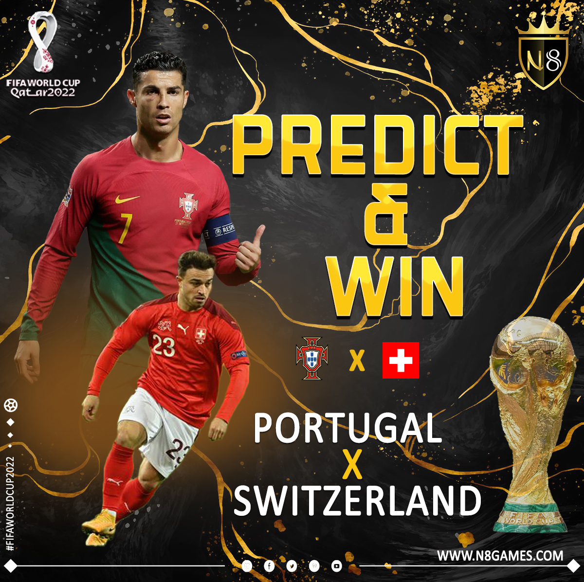 N8Sportsgames's tweet photo. 🇵🇹Portugal 🆚 Switzerland🇨🇭
Who do you think will win ❓👀🤔 

Comment below👇👇👇
📺Watch FIFA World Cup 2022 Live on N8 👀
✅ https://t.co/TqCeQ0DfYW

#FIFAWorldCup2022 #qatar2022 #FIFAWorldCup #portugal #roundof16 #ronaldo #cristianoronaldo #brazil #Portugalvsswitzerland #cr7 https://t.co/1DW0oHbDwl