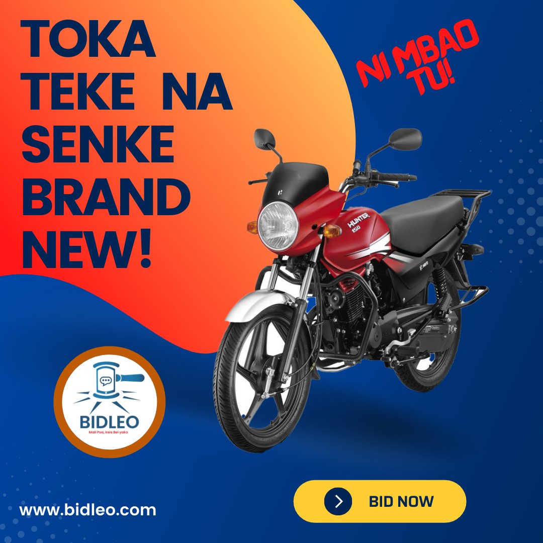 Time ya kubid ndio hii sasa.
Pata form ya hustle, toka teke na senke
Ni simple 

Dial *483*899# or send 20 Bob to paybill 337575 (item and bid amount as the account number)

E.g
Paybill: 337575
Account: Bike 21
Amount: 20.
You can also bid online at👉 bidleo.com.