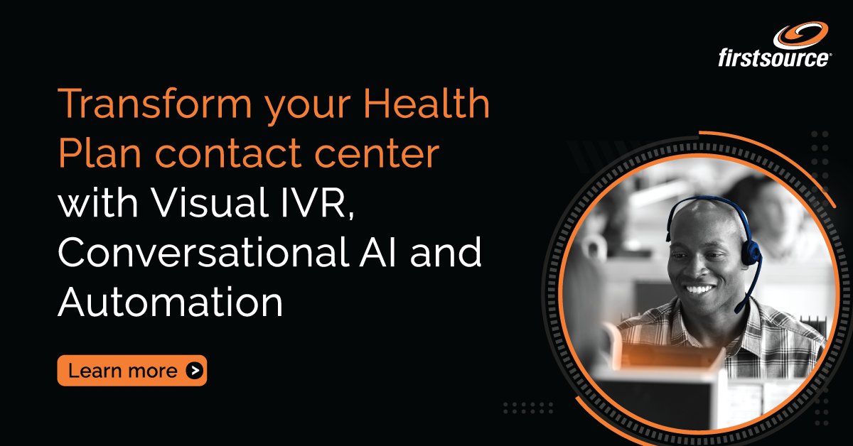 firstsource's tweet photo. Health Plans that leverage #RPA, #ConversationalAI and #VisualIVR in their contact center operations achieve up to 20% reduction in Average Handle Time (AHT) and 80% reduction in after-call work time.  

Find out how: https://t.co/vaa7zue5Nq

#DigitalFirstDigitalNow https://t.co/LG3Ub0GPlS