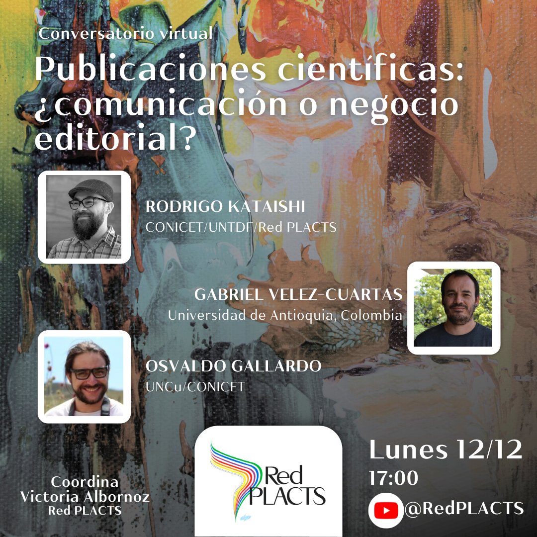 🔹️Se viene el último conversatorio  del año: Publicaciones científicas, comunicación o negocio?
🔹️Lunes 12/12, 17hs
🔹️Inscribite en este link para participar por #Zoom tinyurl.com/conversatorior…
🔹️Seguilo en vivo por el canal de #YouTube de la Red youtube.com/@RedPLACTS