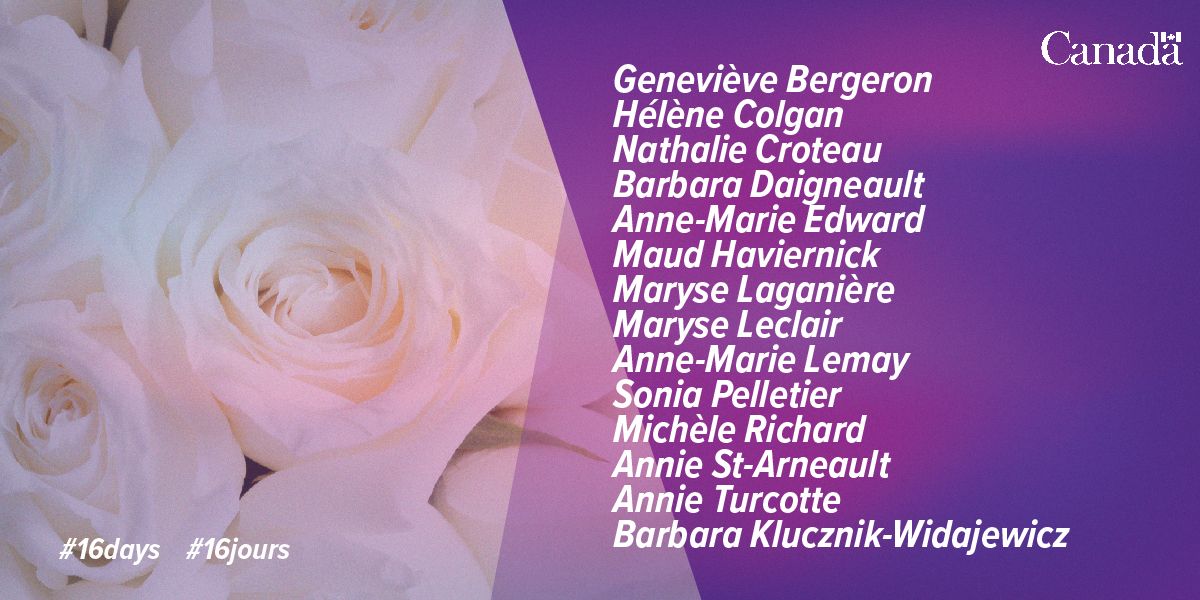 Tous les 6 décembre, les Canadiennes et les Canadiens portent des rubans blancs pour honorer 14 femmes assassinées pendant le #MassacredeMontréal. Nous n’oublierons jamais. Nous réaffirmons notre engagement à #FinVFS au Canada et à l’étranger. #16Jours