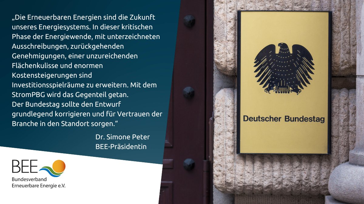 „Die #Ampelkoalition hat 2022 viele Fesseln gelöst, ist aber jetzt im Begriff neue anzulegen–das passt nicht zusammen“,so BEE-Präsidentin <a href="/peter_simone/">Simone Peter 🌍 #Erneuerbare</a> zur #Strompreisbremse.
Bei der heutigen Anhöhrung im #Bundestag wird der BEE seine Forderungen erneuern:
bit.ly/3VBTss4