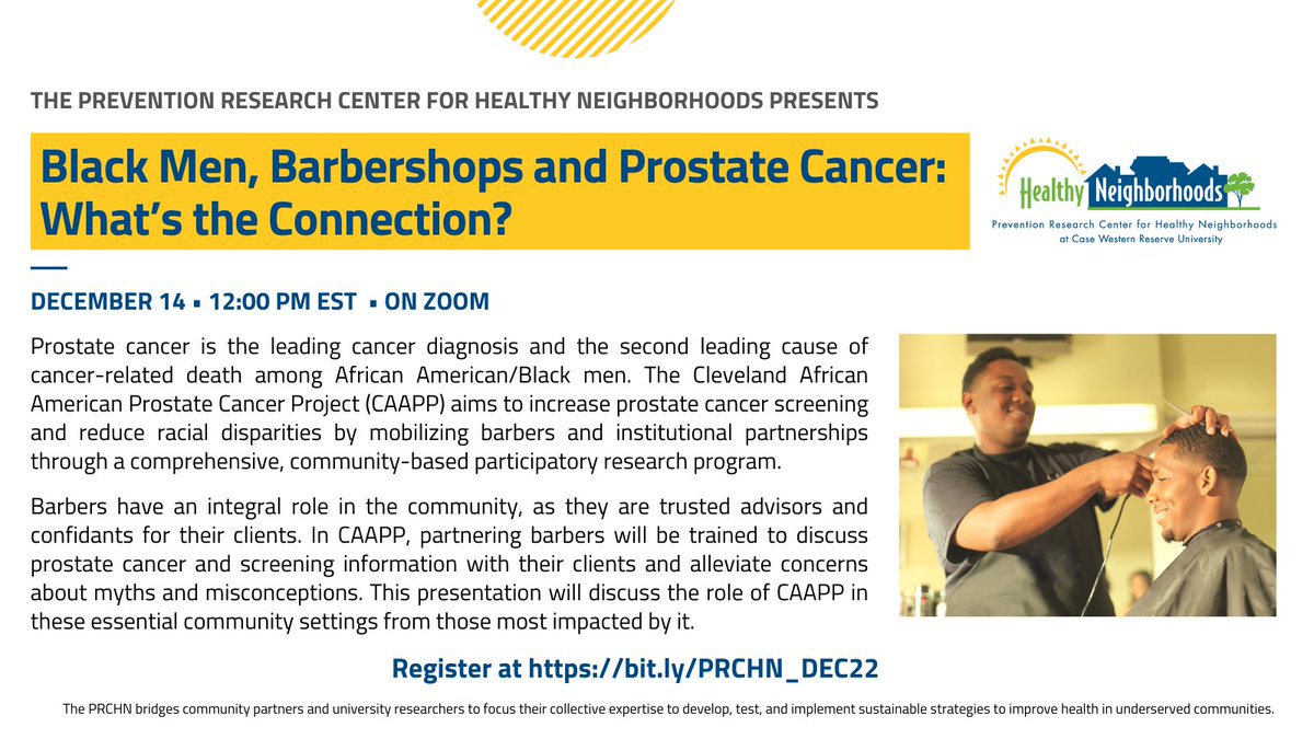 prchn's tweet photo. Registration is now open for our next #PRCHNseminar. Join us on Wednesday, December 14th to hear from the team and members of the Cleveland African American Prostate Cancer Project advisory board. Learn more and register at https://t.co/KIhkt91pbx https://t.co/ns4akqSNgf