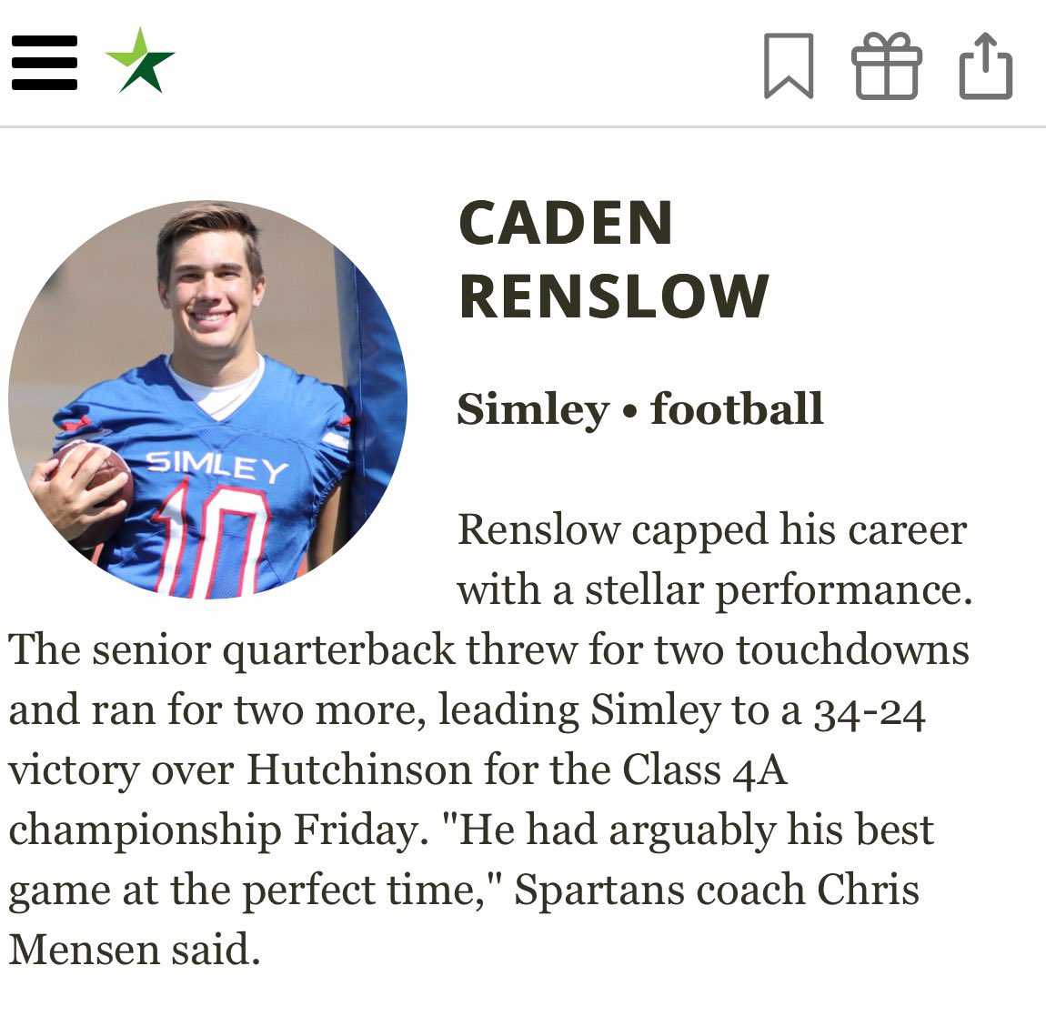 Thank you <a href="/StribSports/">Star Tribune Sports</a> <a href="/StarTribune/">The Minnesota Star Tribune</a> for voting me a player of the week after our great win over Hutchinson to win the 4a State Championship.