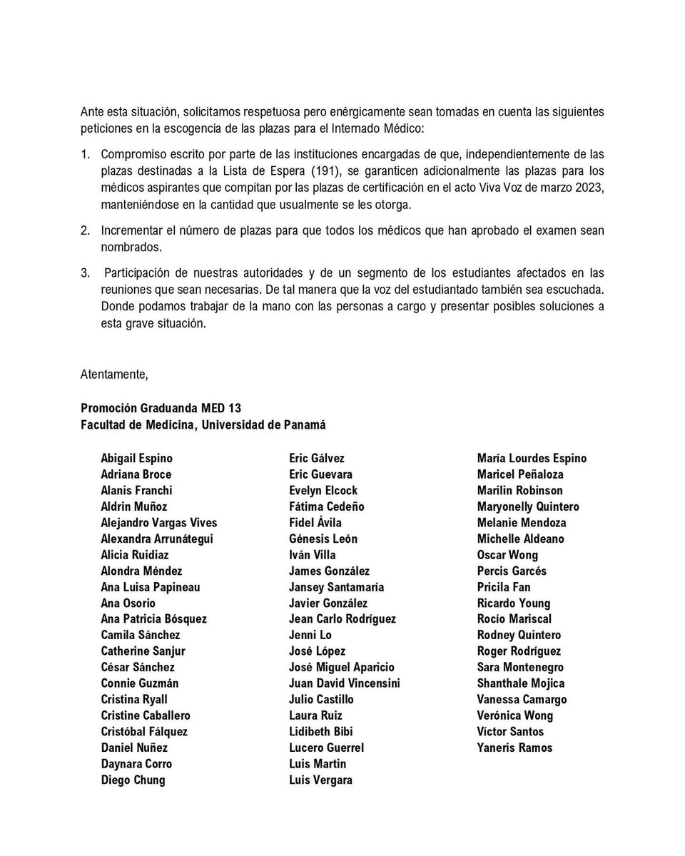 med13up's tweet photo. Somos estudiantes graduandos de medicina de la promoción MED13 de la Universidad de Panamá. Hacemos un llamado a las autoridades de salud ante una problemática que enfrentamos los estudiantes de medicina de todo el país. 

@MINSAPma @CSSPanama @AlvaroAlvaradoC @tvnnoticias  👇🏽 https://t.co/VICJ52mRUs