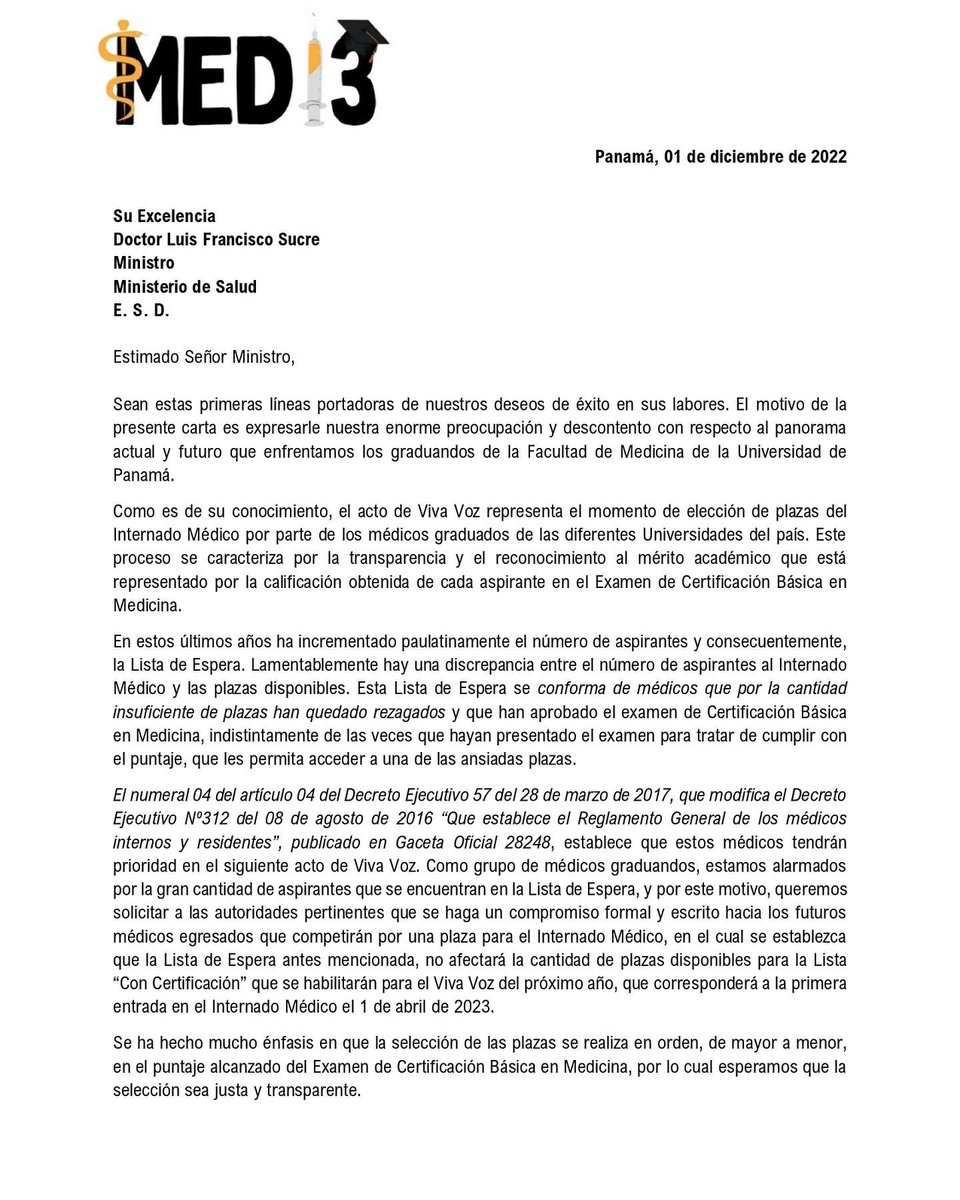 med13up's tweet photo. Somos estudiantes graduandos de medicina de la promoción MED13 de la Universidad de Panamá. Hacemos un llamado a las autoridades de salud ante una problemática que enfrentamos los estudiantes de medicina de todo el país. 

@MINSAPma @CSSPanama @AlvaroAlvaradoC @tvnnoticias  👇🏽 https://t.co/VICJ52mRUs