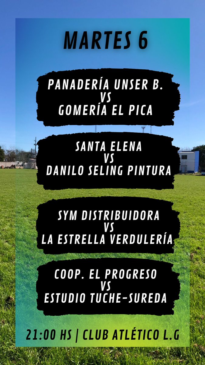 HOY PAPI FUTBOL 🥳🎉💙
📅 Martes 6
⏱️ 21:00 Hs.
🍔 Servicio de Cantina - Tortas Fritas - 
Hamburguesas - Choripanes - Papas Fritas

LOS ESPERAMOS!