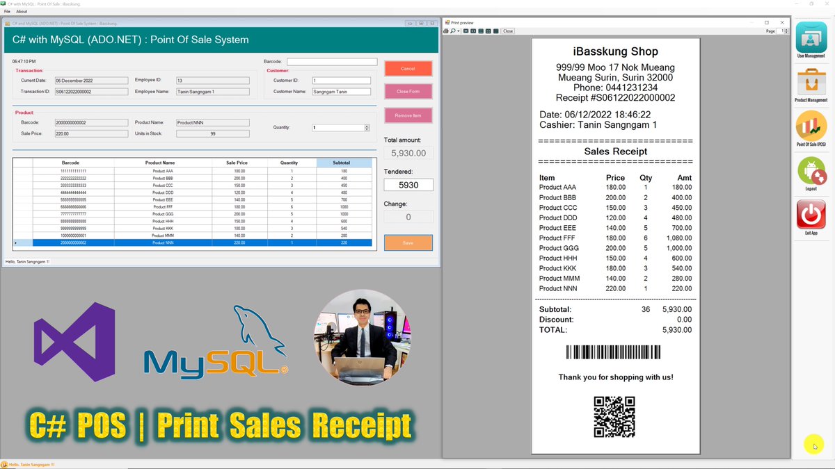 IBasskung's tweet photo. C# with MySQL (POS) Quick Test : Print Barcode and QR Code on the receipt. 
- ทดสอบขายสินค้าและปริ้นใบเสร็จแบบที่มีบาร์โค้ดและคิวอาร์โค้ด
👉 Watch in 4K: https://t.co/1gu4xUaSZ1

#CodeAMinute #iBasskung #VisualStudio #CSharp #Programming #MySQL #PointOfSale #POS https://t.co/2AOHKYUnag