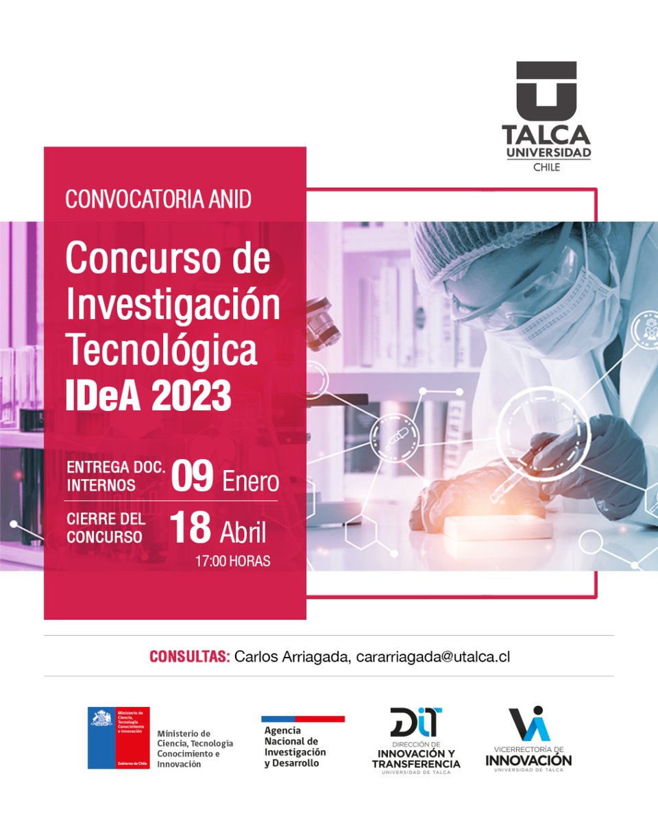 ➡️ Convocatoria ANID 
Postula al Concurso de Investigación Tecnológica IDeA 2023, el cual tiene como propósito apoyar el financiamiento de proyectos de investigación y desarrollo.

📩Consultas al correo carriagada@utalca.cl

Más Info⤵️
ow.ly/9feE50LVxFN

@viutalca