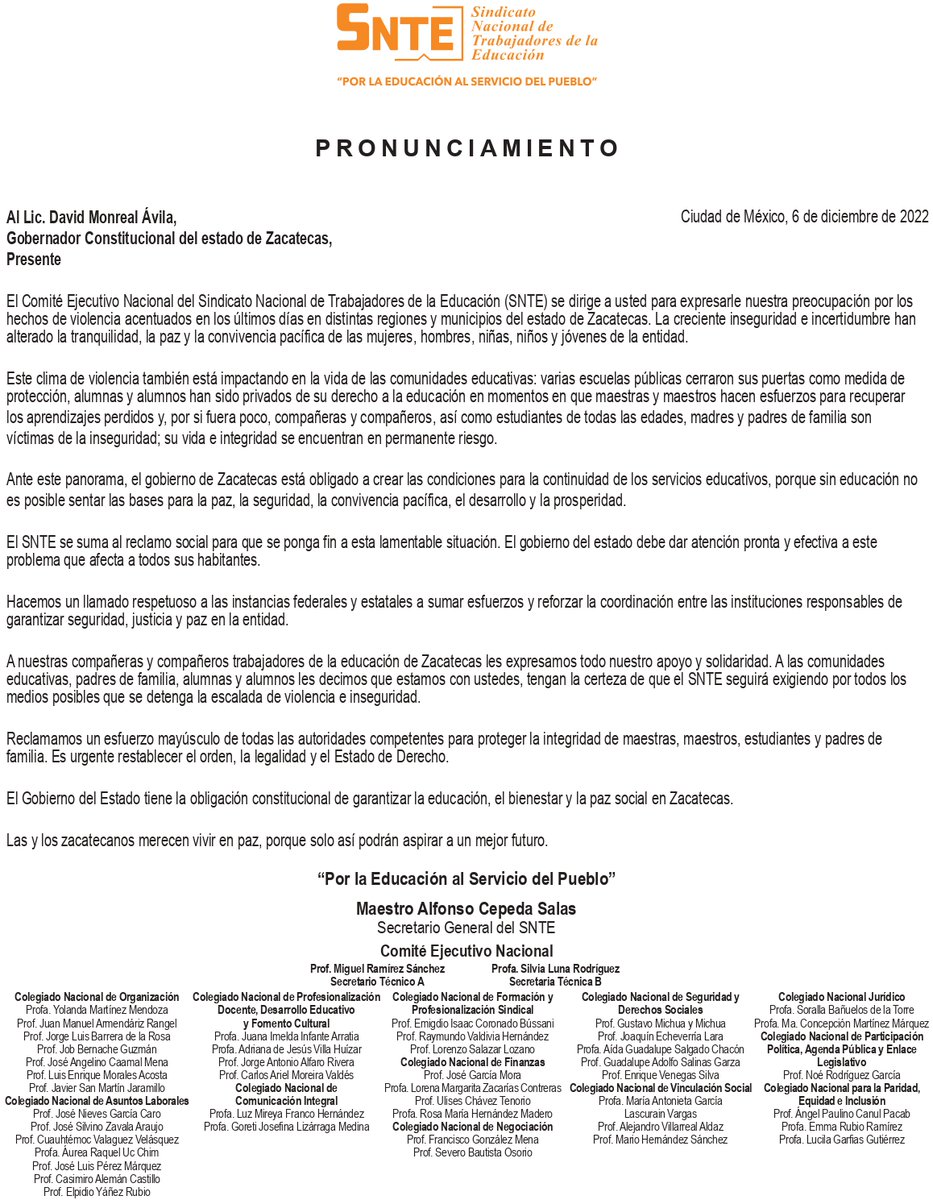 El #SNTE 📚 y su líder nacional Mtro. Alfonso Cepeda Salas urgen a <a href="/DavidMonrealA/">David Monreal Ávila</a> <a href="/gobiernozac/">Gobierno de Zacatecas</a> garantizar la seguridad ✅ así como restablecer el orden✔️ legalidad✔️ y estado de Derecho✔️ por el bien de la educación y de #Zacatecas 

Posicionamiento👇👇
bit.ly/3iHUh3Z