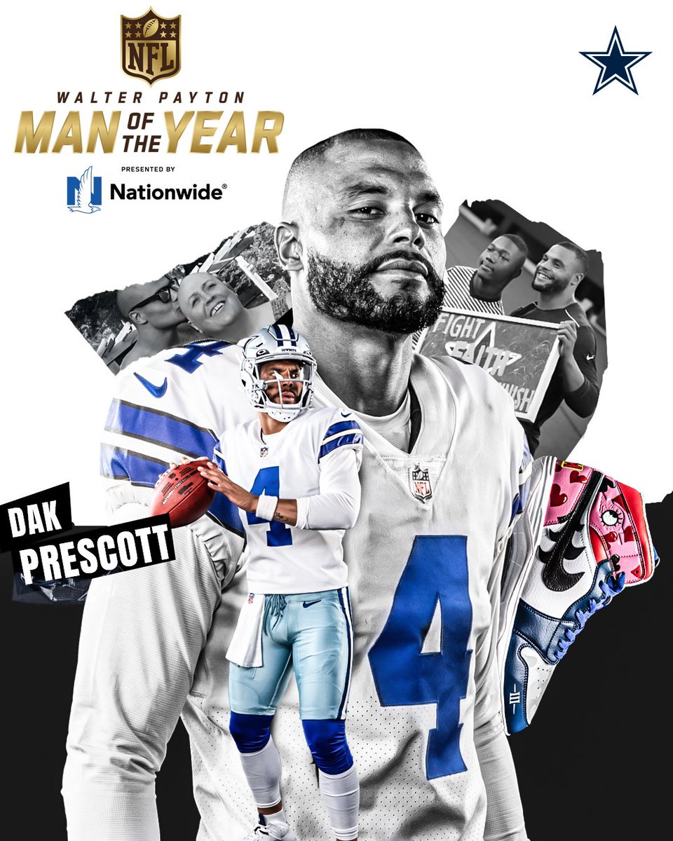 dallascowboys's tweet photo. Leader of men on the field. Leader for so many more off the field.
 
We’re proud to nominate Dak Prescott for the @NFL Walter Payton Man of the Year 🏆 presented by @Nationwide. 👏👏👏
 
#WPMOYChallenge + @dak https://t.co/cBhxlNvUPk