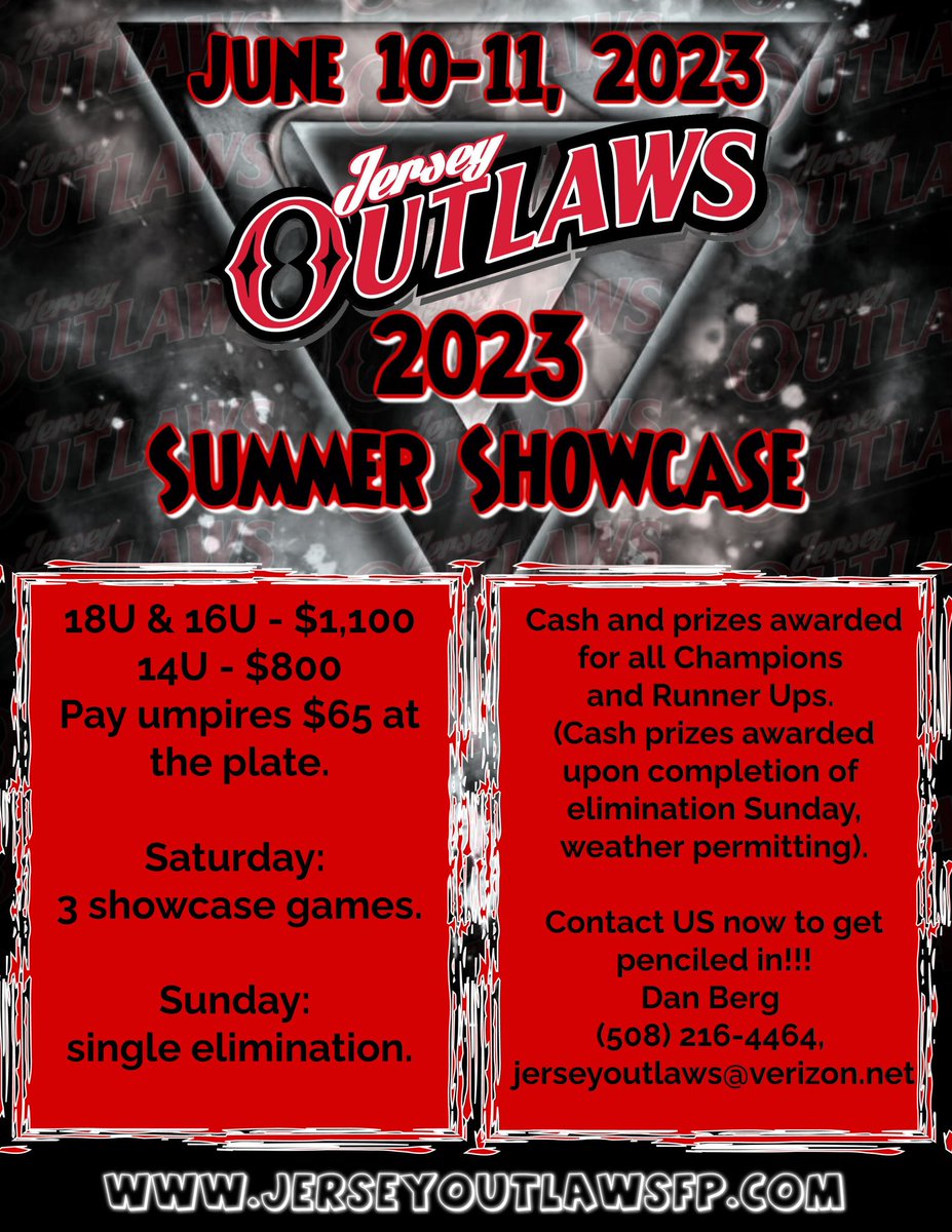Jersey Outlaws Events (@joutlawsevents) on Twitter photo The Jersey Outlaws Summer Showcase is quickly selling out. Come play on well maintained fields against excellent competition and we play both a showcase and tournament style format. Contact us today to get penciled in before it's too late. jerseyoutlaws@verizon.net The Jersey Outlaws Summer Showcase is quickly selling out. Come play on well maintained fields against excellent competition and we play both a showcase and tournament style format. Contact us today to get penciled in before it's too late. jerseyoutlaws@verizon.net