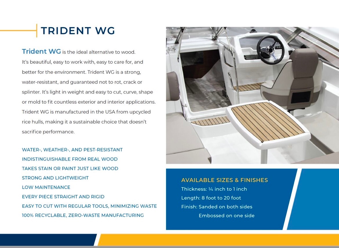 It's #TridentTuesday!  Trident WG is an expanded PVC sheet with a natural filler and a wood-like surface. Trident WG was specified in flooring, cabinets, and tackle boxes.  Click ⇩⇩⇩ to learn more! #Trident #MarineIndustryMaterials #BoatBuilders #TridentWG