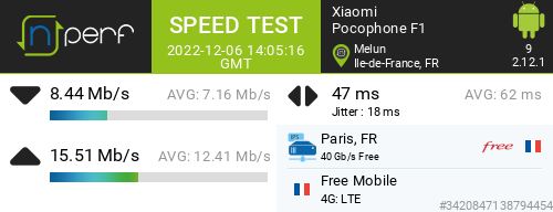 ↓8435 kb/s ↑15511 kb/s, ⇄ 47 ms / mobile:Free / #PocophoneF1 / #nPerf v2.12.1 / 💩💩